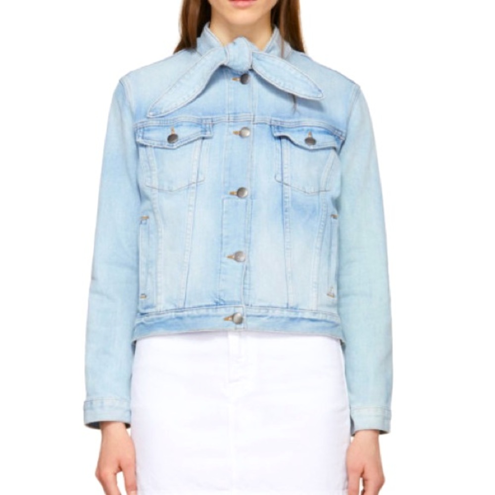 Frame Denim Fitted  Jacket - Faded Light Blue Denim, Tie collar,  Stretchy large